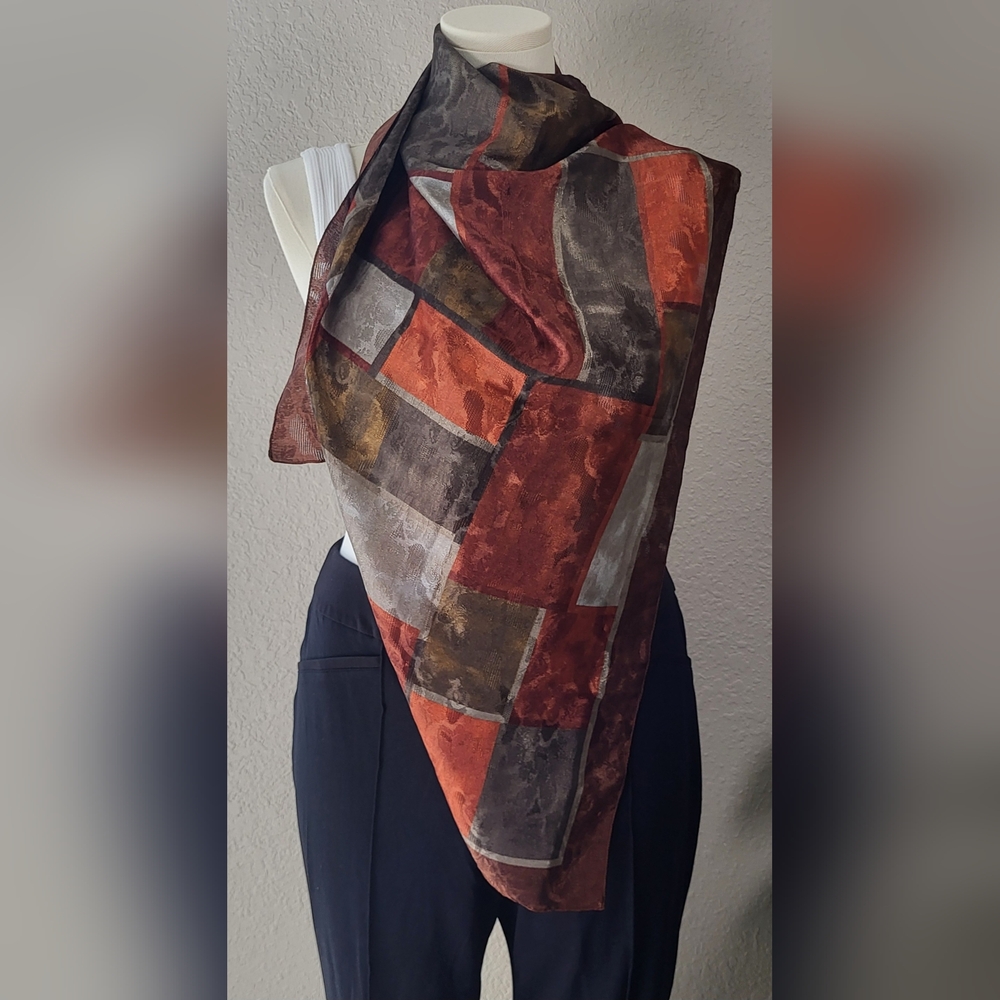 Chic Brown and Gray Geometric Scarf Wrap - 34 x 34 - Picture 7 of 9